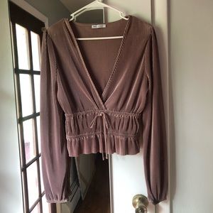 ZARA Long-Sleeve Dark Champagne Pleated Blouse